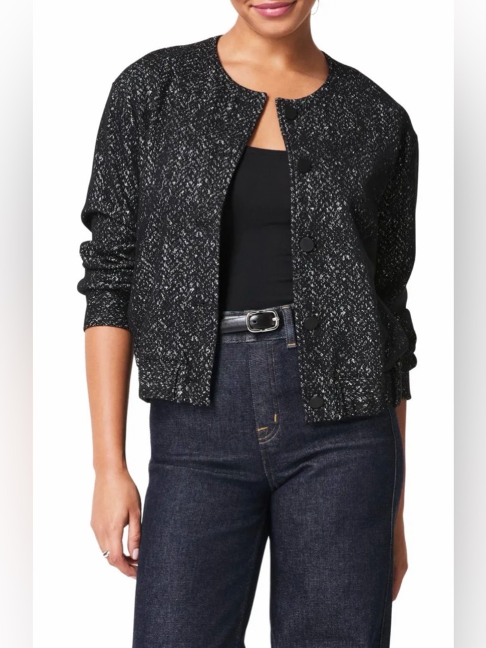 SPANX Herringbone Ponte Knit Bomber Jacket Black White Soft Business Casual - Picture 3 of 10